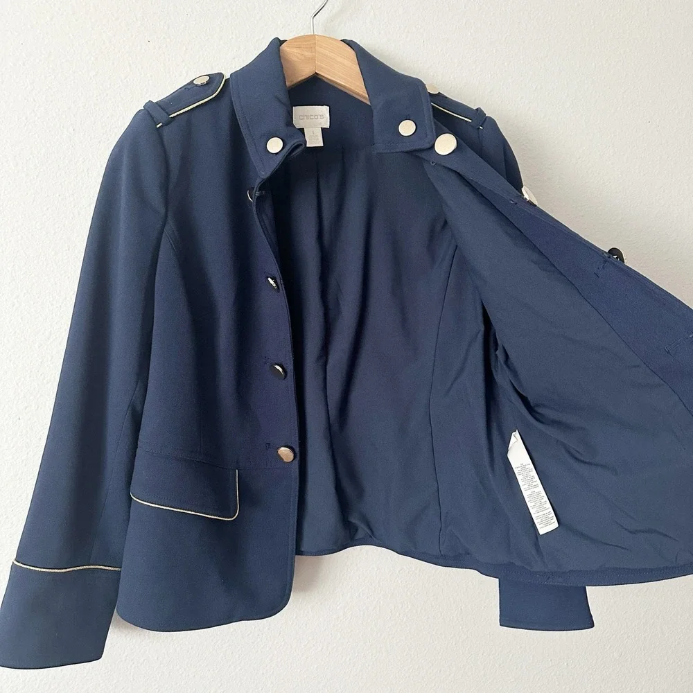 Chico's Size 1 Navy Military Gold Button Blazer Jacket Size Medium Size 8